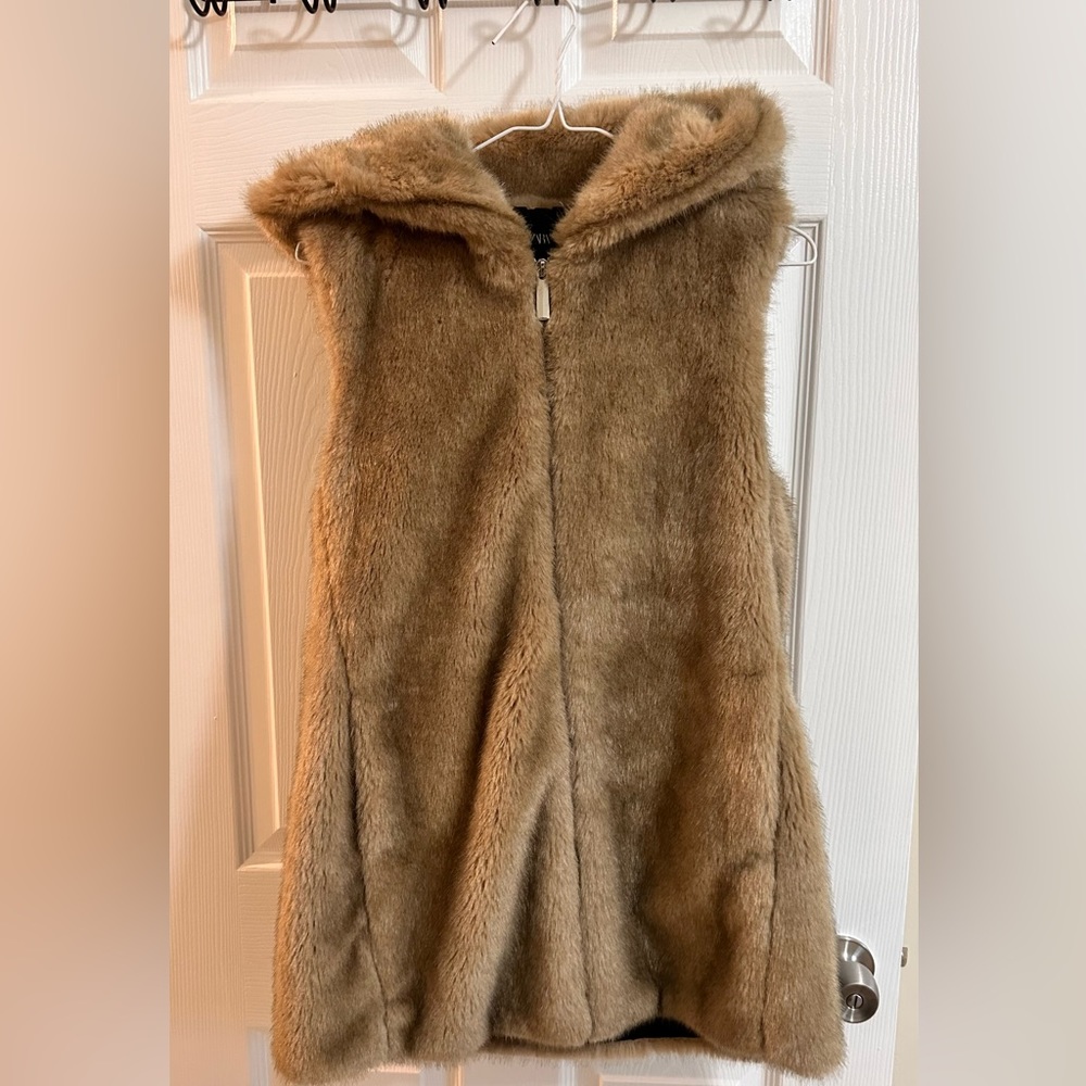 Zara faux fur long vest with hoodie